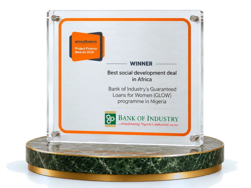 Bank of Industry’s Best Social Development Deal in Africa award for the GLOW programme, displayed on a green marble platform