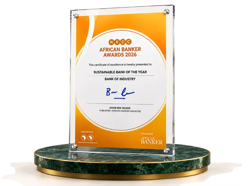BOI Sustainable Bank of the Year trophy from the African Banker Awards 2026 on a green marble platform