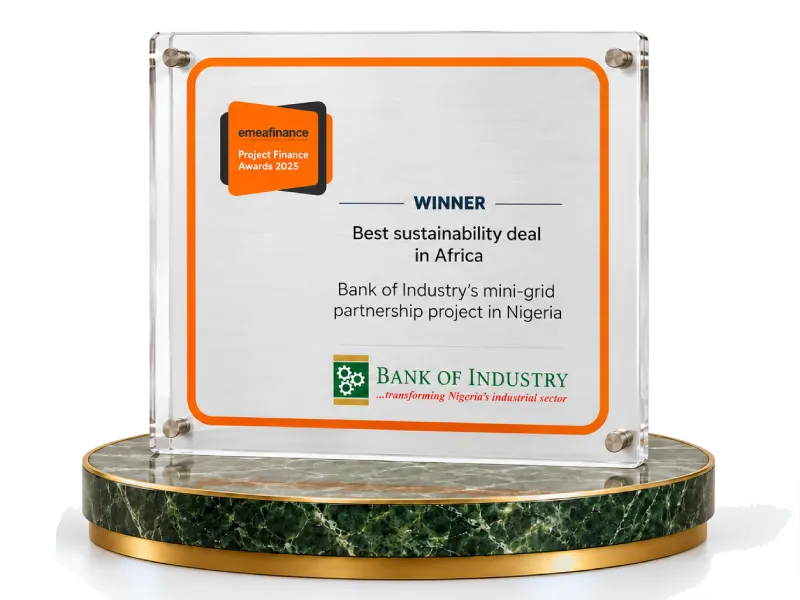 Bank of Industry’s Best Sustainability Deal in Africa award for its mini-grid partnership project, displayed on a green marble platform